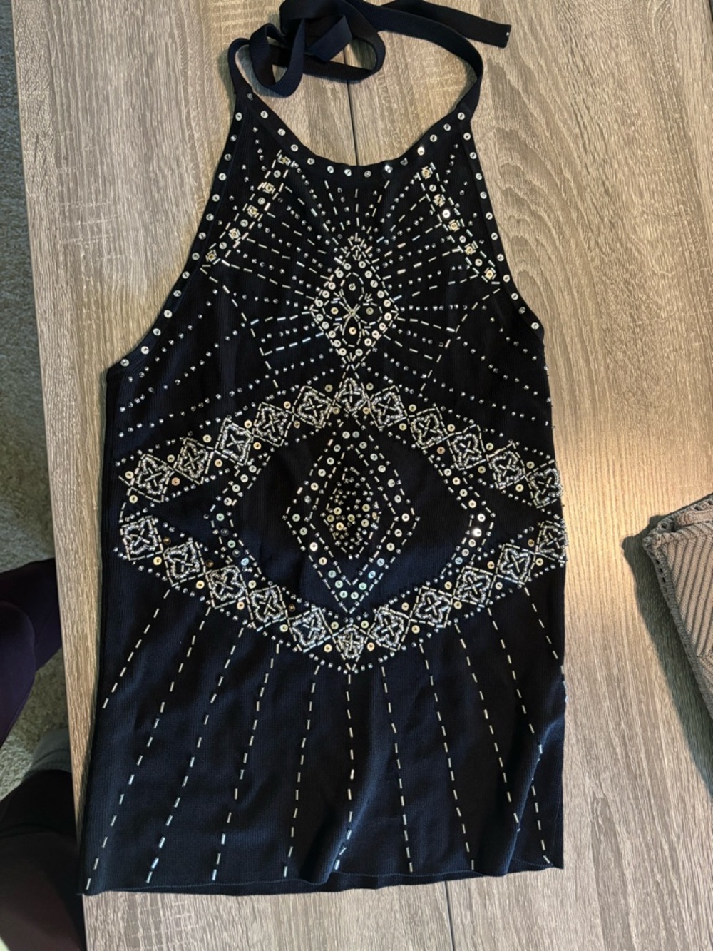Cache Black Halter Mini Dress with Silver Embellishments